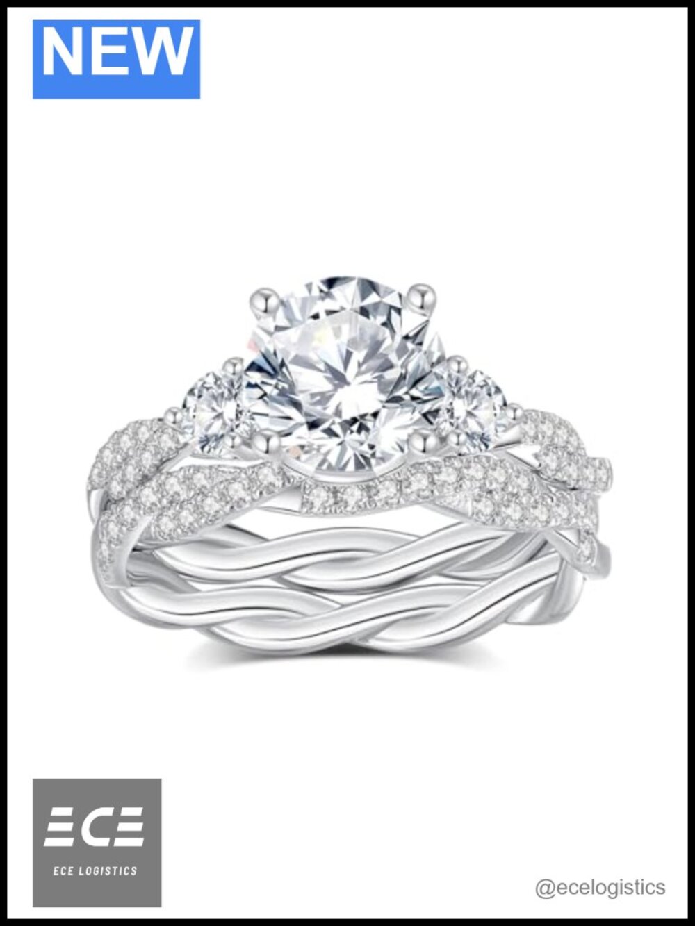 Moissanite Wedding Ring Set 925 Sterling Silver White Gold Plated Bridal